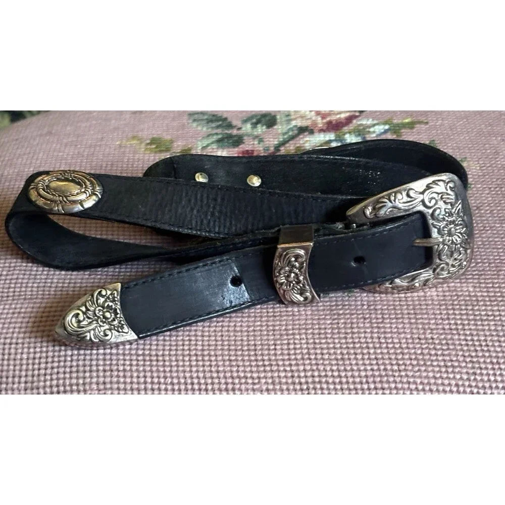 Vtg Concho Black Leather Belt Embossed Western Silver Buckle 32 Grunge Cowgirl